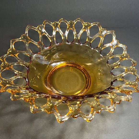 Vintage Westmoreland Amber Doric Centerpiece Lace Lattice Edge Glass Bowl - Picture 1 of 8